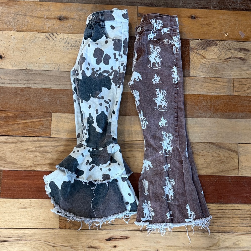Girls Western Jeans Bundle Size 6/7 Cowprint Ruffle + Cowboy Print Jeans